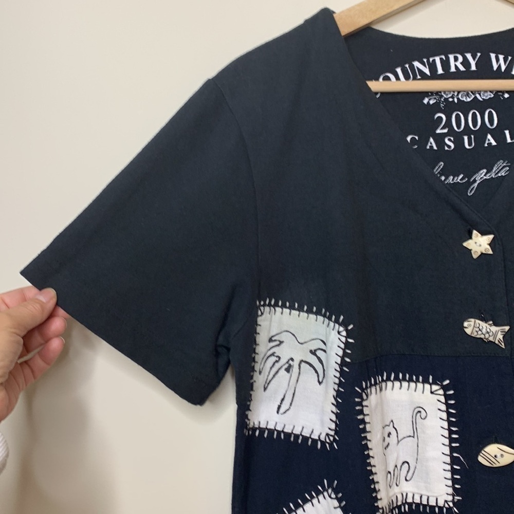 Country Wear 2000 Black Cotton Linen Fish Cat Patchwork Shortsleeve Maxi Dress M - Picture 13 of 17